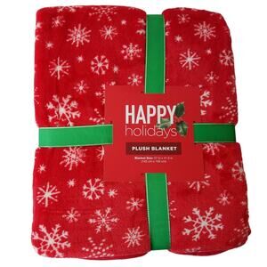 Happy Holidays Plush Throw Blanket Snowflake Red NWT